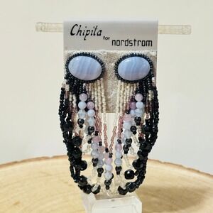 VTG Chipita quartz onyx stone Earrings Beads Dangle statement Waterfall 80s